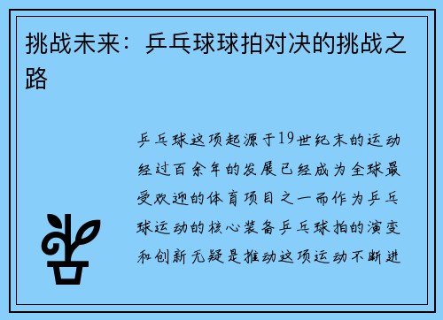 挑战未来：乒乓球球拍对决的挑战之路